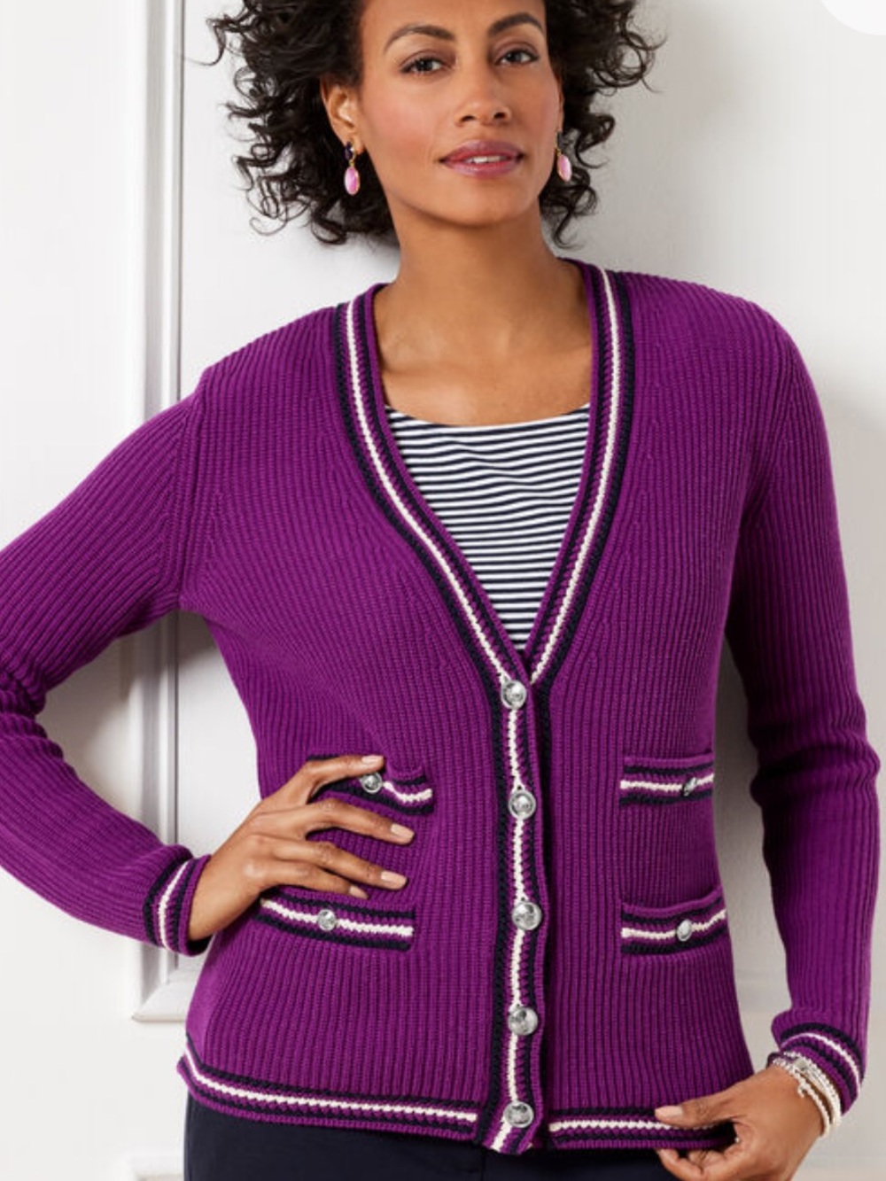 TALBOTS 100% Cotton V-NECK CARDIGAN - TEXTURE STRIPE Size Large